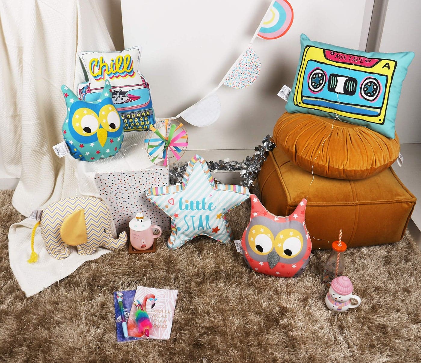 Sivya by Home Micro Filled Shape Cute Cushion for Kids (Elephant + 2 Owl + Star + Typewriter + Mixtape) | Pack of 6