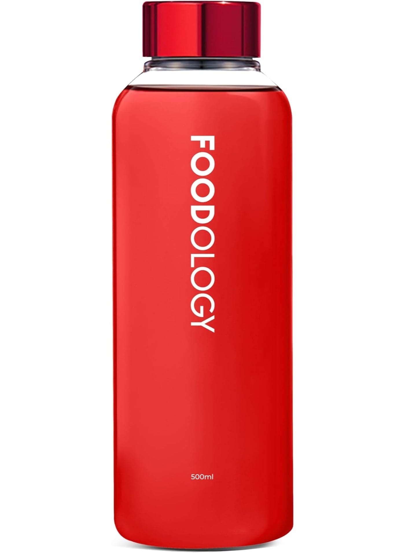 FOODOLOGY Bottle for Drink Mix (Red, 16.9fl oz) - Leak Proof, Lightweight, Durable Sports Water Bottle. Reusable for Gym, Outdoor, Travel. BPA Free, Clear Beverage Container with Marker