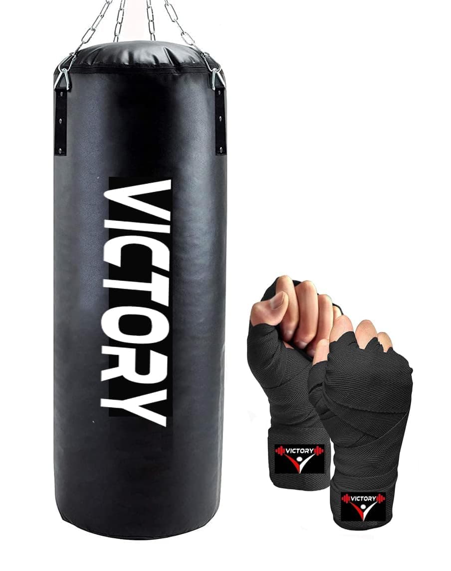 Victory Heavy Synthetic Leather Boxing Punching Bag Black | Hand Wrap | Stainless Steel Hanging Chain | Boxing | MMA | Kickboxing | Muay Thai | Karate | Judo | Taekwondo (2 Feet)