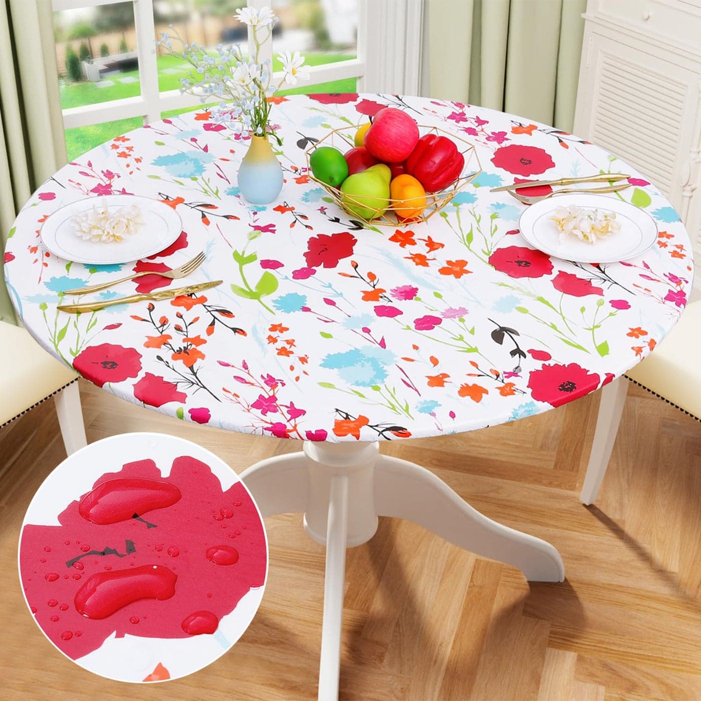 misaya Round Fitted Tablecloth with Elastic Edge 100 Waterproof Oil Proof Plastic Table Cover Vinyl Flannel Backed Table Cloth Fits 3644 Round Tables for Dinner Outdoor Picnic Flowers