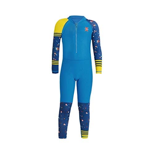 Boys Color Block One Piece Swimsuit Kids Long Sleeve Rash Guard Sunsuit Zipper Swimwear Diving Wetsuit Mock Neck Full Jumpsuit Surfing Beachwear Bathing Suit with UPF 50+ Sun Protection Blue 5-6T