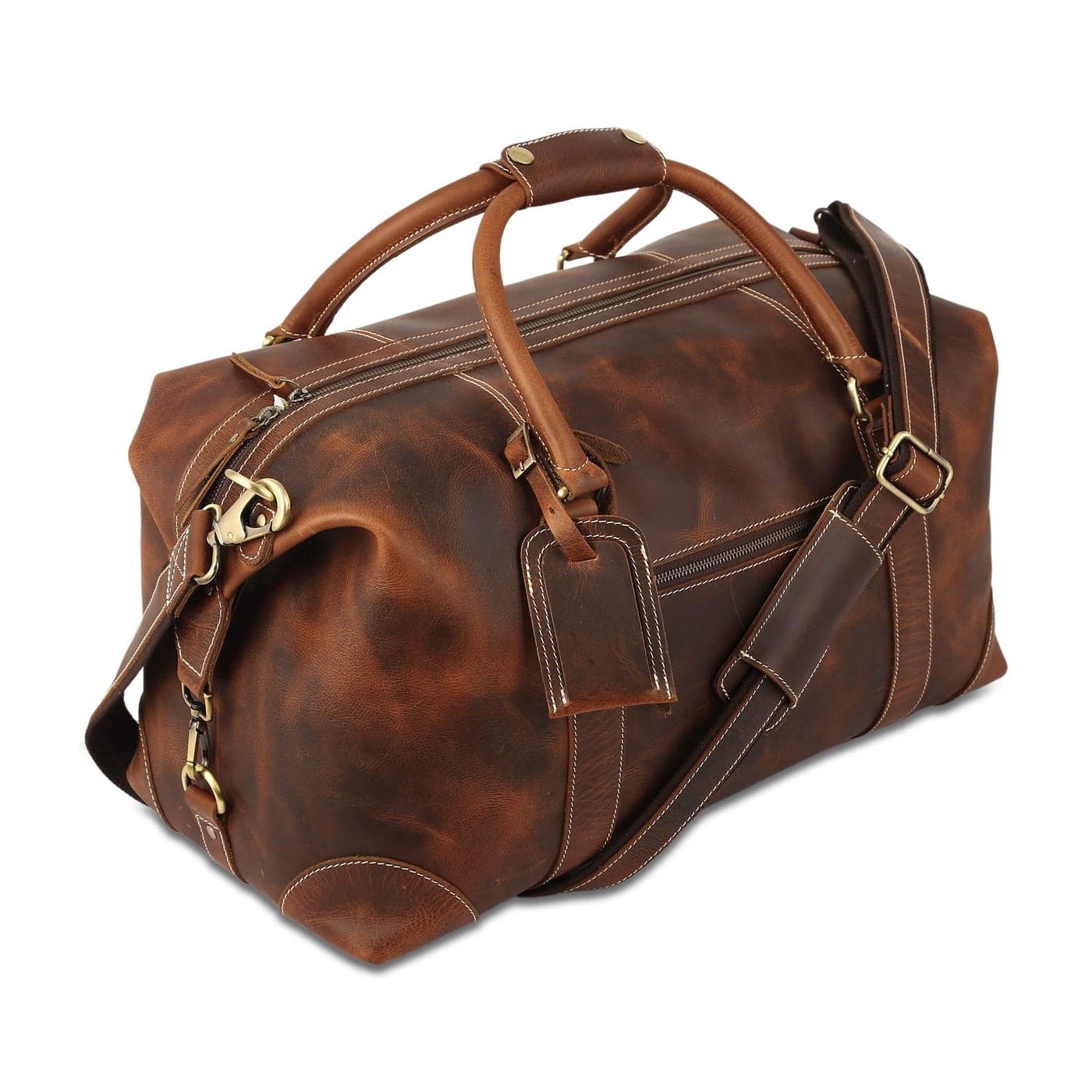 KomalC Leather Duffel Bags for Men and Women Full Grain Leather Travel Overnight Weekend Leather Bags Sports Gym Duffel for Men Dark Tan