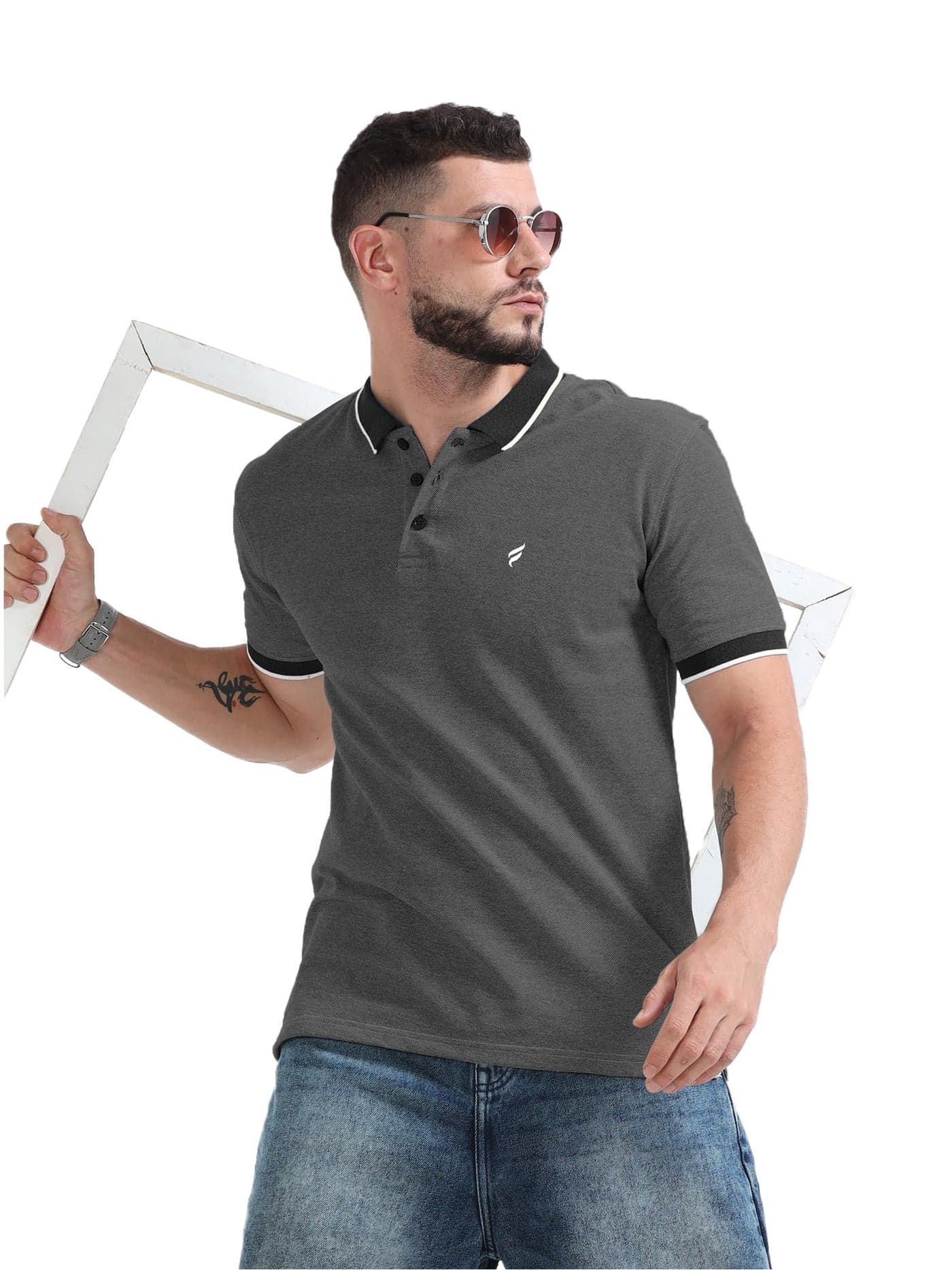 fanideaz Men’s Branded Cotton Half Sleeve Striped Polo Tshirt for Men ||Classic Textured Polo T Shirts for Men_DarkMelange_8DM_L
