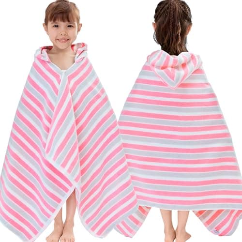 VOOVA & MOVAS Hooded Towels for Kids - 100% Cotton (3-10Years) - Quick Dry Absorbent Lightweight Wrap Towel for Pool | Swim | Beach | Bath, Girls, Pink Gray Stripe