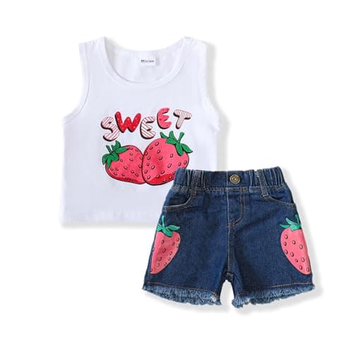 Mikrdoo 2 Years Old Baby Girl Clothes Tank Top Denim Short Set Spring Summer Outfits Baby Girls' Clothing for Toddler 2-3T, Strawberry