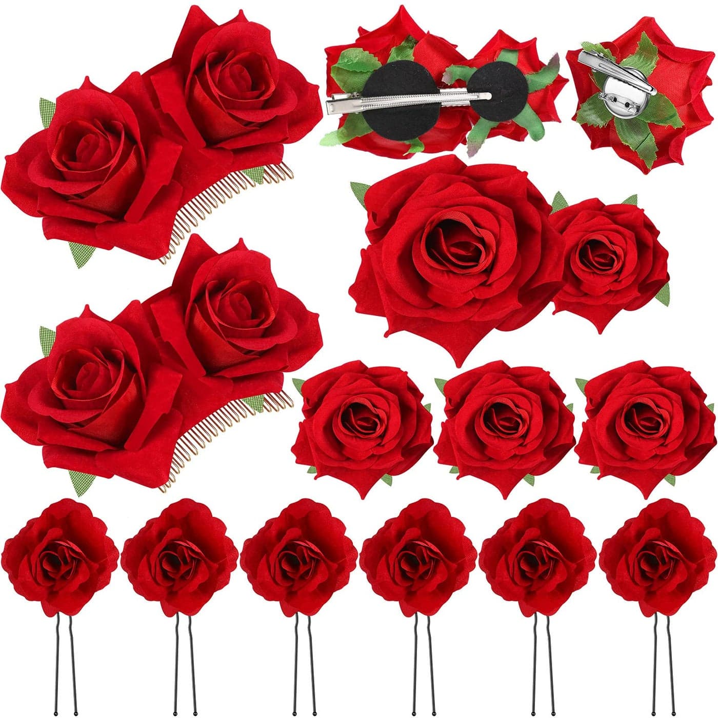 Waydress 12 Pieces Rose Flower Hair Clip Rose Brooch Floral Clips Mexican Flower Hair Pins Accessories for Women Mother Bridal Flamenco Dancer Wedding Party Supplies