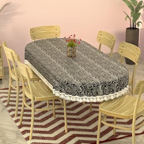 Kuber Industries Polyvinyl Chloride(PVC)60x90 Inches Oval Waterproof 6 Seater Dining Table Cover with Wavy Border,Durable&Easy to Clean Table Protector Cover for Home&Office,Multi Floral,Black Silver