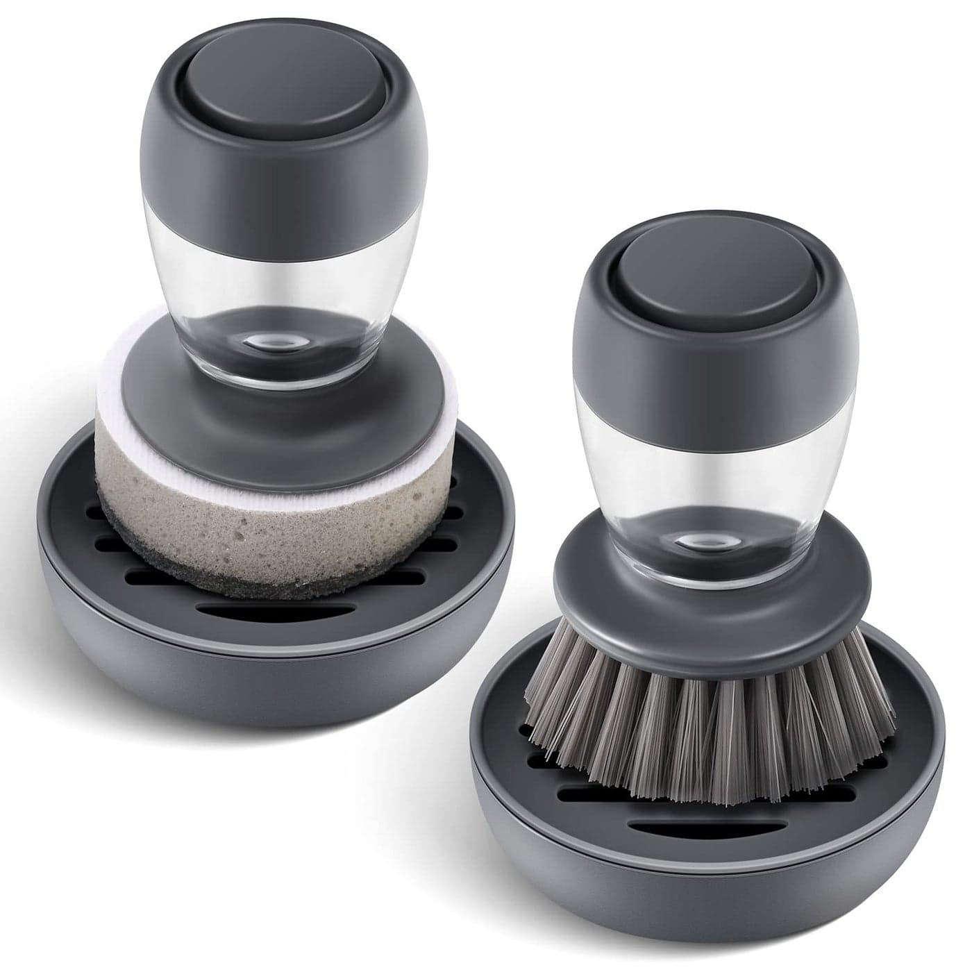 Dish Brush with Soap Dispenser Kitchen Dish Scrubbers Set with Draining Tray for Washing DishesPots Grey Set of 2