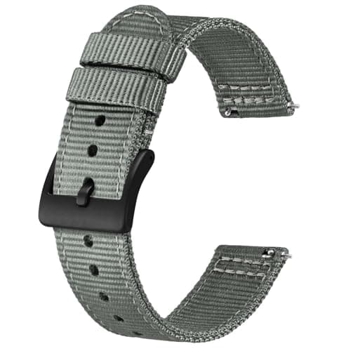 BISONSTRAP Men’s Nylon Watch Bands, Two-Piece Military Watch Straps, Quick Release, Brushed Buckle, 20mm, Grey (Black Buckle)