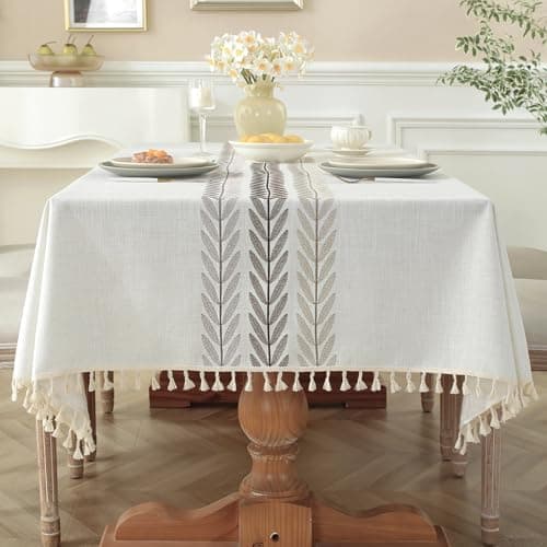Laolitou Cotton Linen Waterproof Tablecloth for Dining Table Farmhouse Kitchen Rectangle Table Cloth Coffee Wrinkle Free Cover, Beige, Wine Leaf, 55x70 Inch