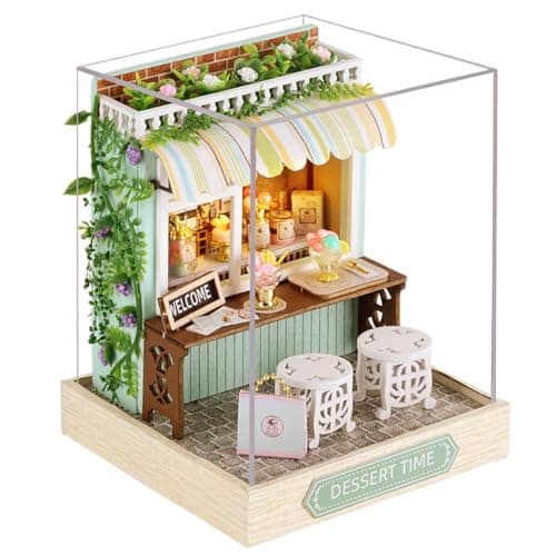 Miniature House Kit CUTEROOM Tiny House Kit Wooden Dollhouse Kit Mini House Making Kit with Dust Cover DIY Dollhouse Kit Birthday Gift Dessert Time