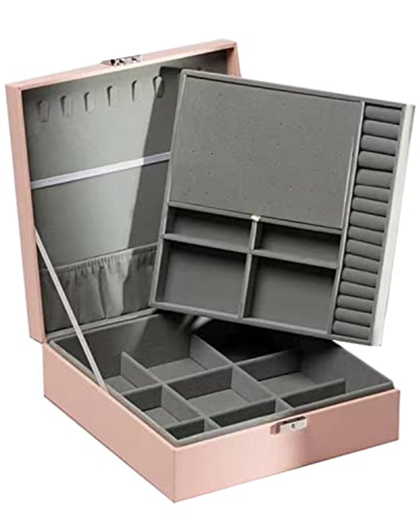Kriva Jewelry Box- 2 Layer PU leather Organizer for women, girls, wives, with removable tray for necklace, earrings, rings, bracelets, vintage pink