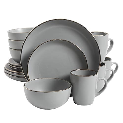 Gibson Home Rockaway 16-Piece Round Stoneware Dinnerware Set, Service for 4 – Grey with Gold Rim Plates and Bowls, Microwave & Dishwasher Safe