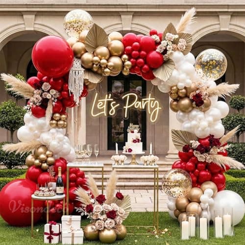 Burgundy Gold Balloon Garland Arch Kit Double Stuffed Pearl White Maroon Dark Red Balloons Arch Set for Wedding Graduation 2026 Anniversary Bridal Shower Birthday Party Decorations