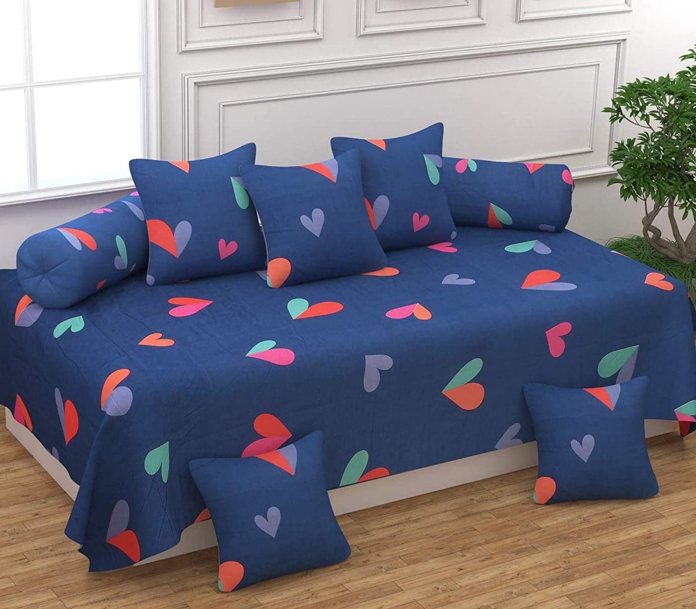 SpangleHomes Soft Glace Cotton Hearts Diwan Set of Bedsheet, 5 Cushion Covers and 2 Booster Covers (60 X 90 Inches, 16x 16 inches, Blue) - 8 Pcs Set