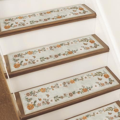 BEQHAUSE Stair Treads for Wooden Steps Non-Slip Machine Washable Carpet Stair Treads 8"X30" Soft Indoor Stair Runner for Kids Elders and Pets, 100% Polyester, TPE Backing, 15pcs, Beige/Orange