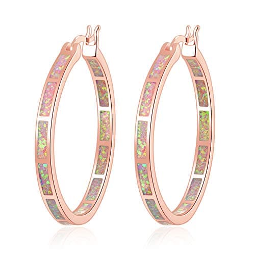 CiNily Rose Gold Plated Hoop Earrings for Women,Pink Opal Gemstone Big Hoop Earrings 32mm