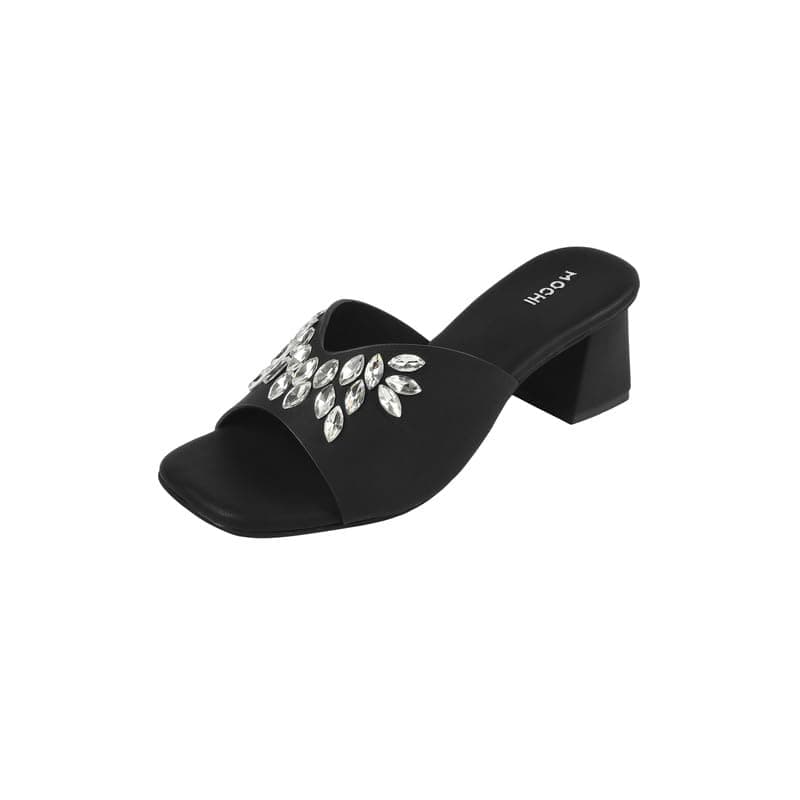 Mochi Women Black Synthetic Embellished Slip-On Block Heel Sandals UK/4 EU/37 (35-2081)