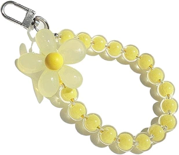KHOLAD Mobile Phone Strap Pearl Beaded Flower Bracelet Creative Hanging Rope Keychain Anti-Lost Phone Case Lanyard Girl Women's Wrist Strap Phone Charms (Yellow)