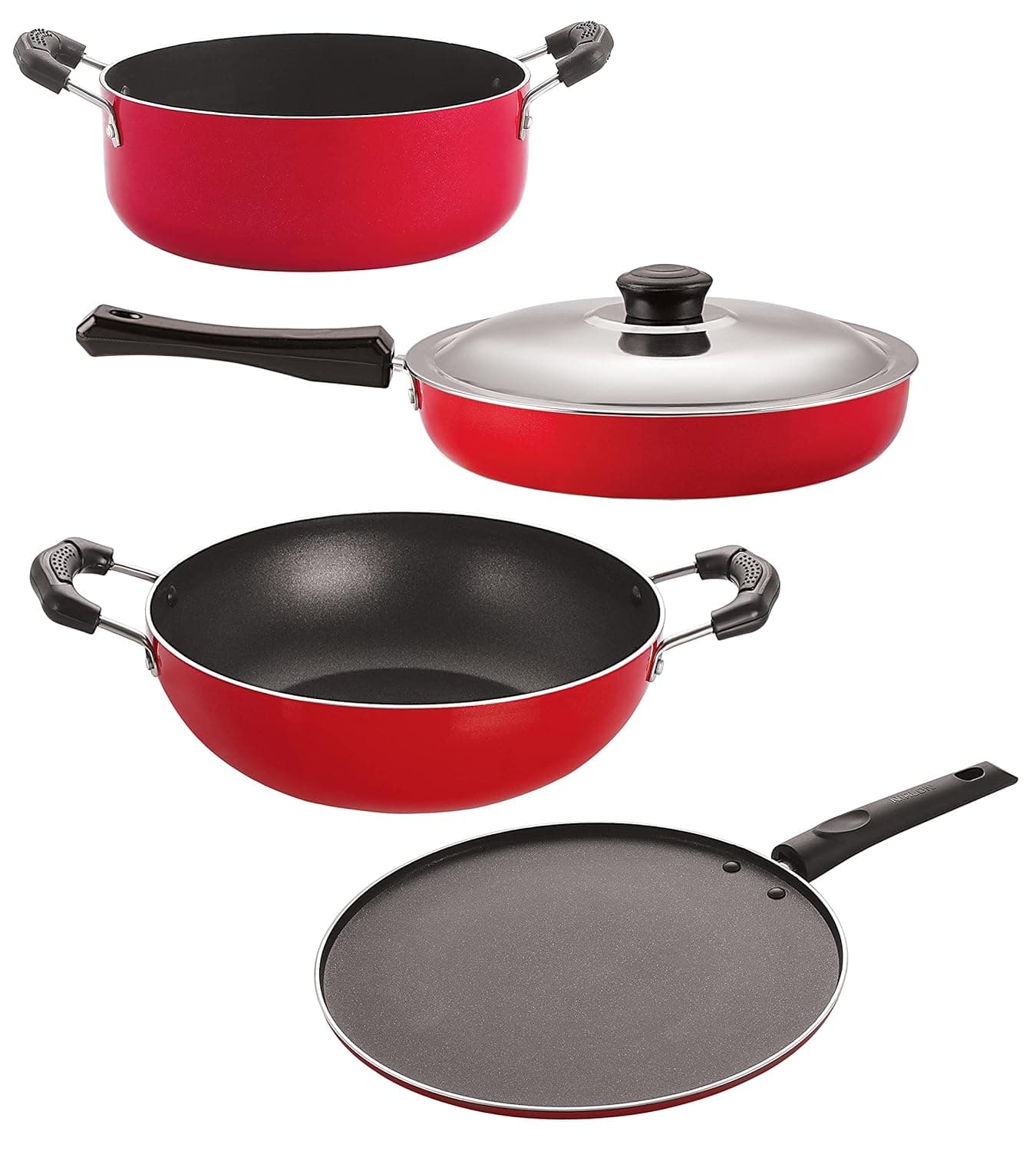 Nirlon Non Stick PFOA Free Scratch Resistant Coating Cookware Set of 4 Pieces (FP11_KD14_ST12_CS24)