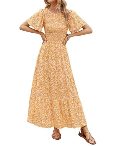 ZESICA Women's 2025 Summer Casual Floral Print Short Flutter Sleeve Crew Neck Smocked High Waist Flowy Maxi Dress,Yellow,Small