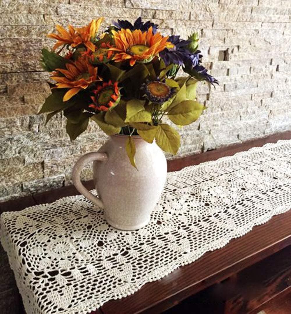Damanni Rectangular Cotton Handmade Crochet Lace Table Runner Doilies Table Dresser Scarf Dcor16 Inch by 24 InchBeige