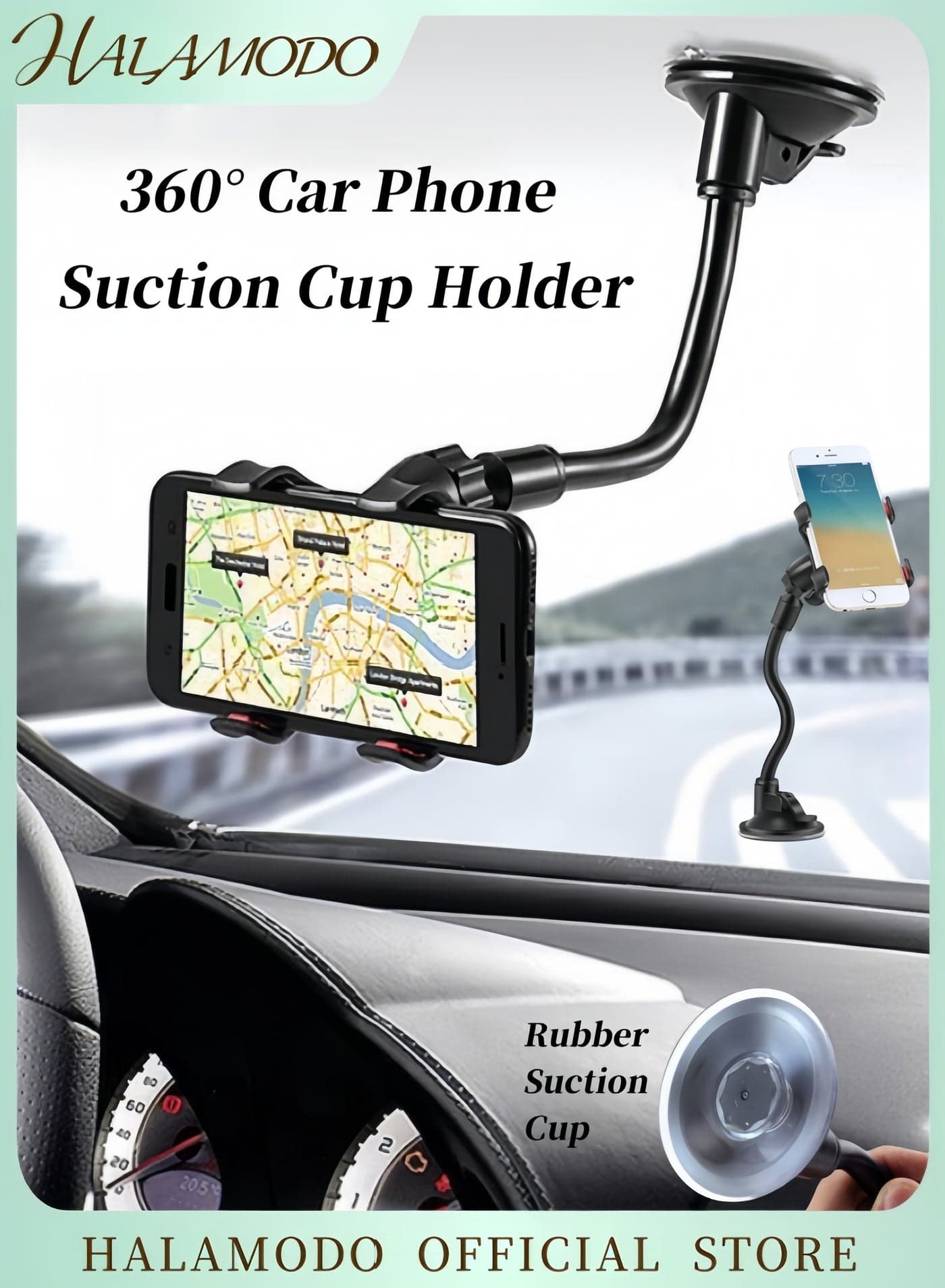 Multifunctional Car Mobile Phone Stand Windshield Suction Cup Phone Mount 360 Degree Rotational Adjustable Long Arm Compatible with Most Smartphones