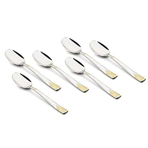 FnS August Stainless Steel 24 Karat Gold Plated Dessert Spoon | Ideal for Home, Restaurant and Kitchen |Elegant Design (Set of 6)