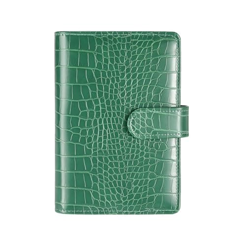 A6 6 Ring Budget Binder - Crocodile Pattern Leather Notebook Binder, Small Refillable Planner Cover with Magnetic Buckle, Green