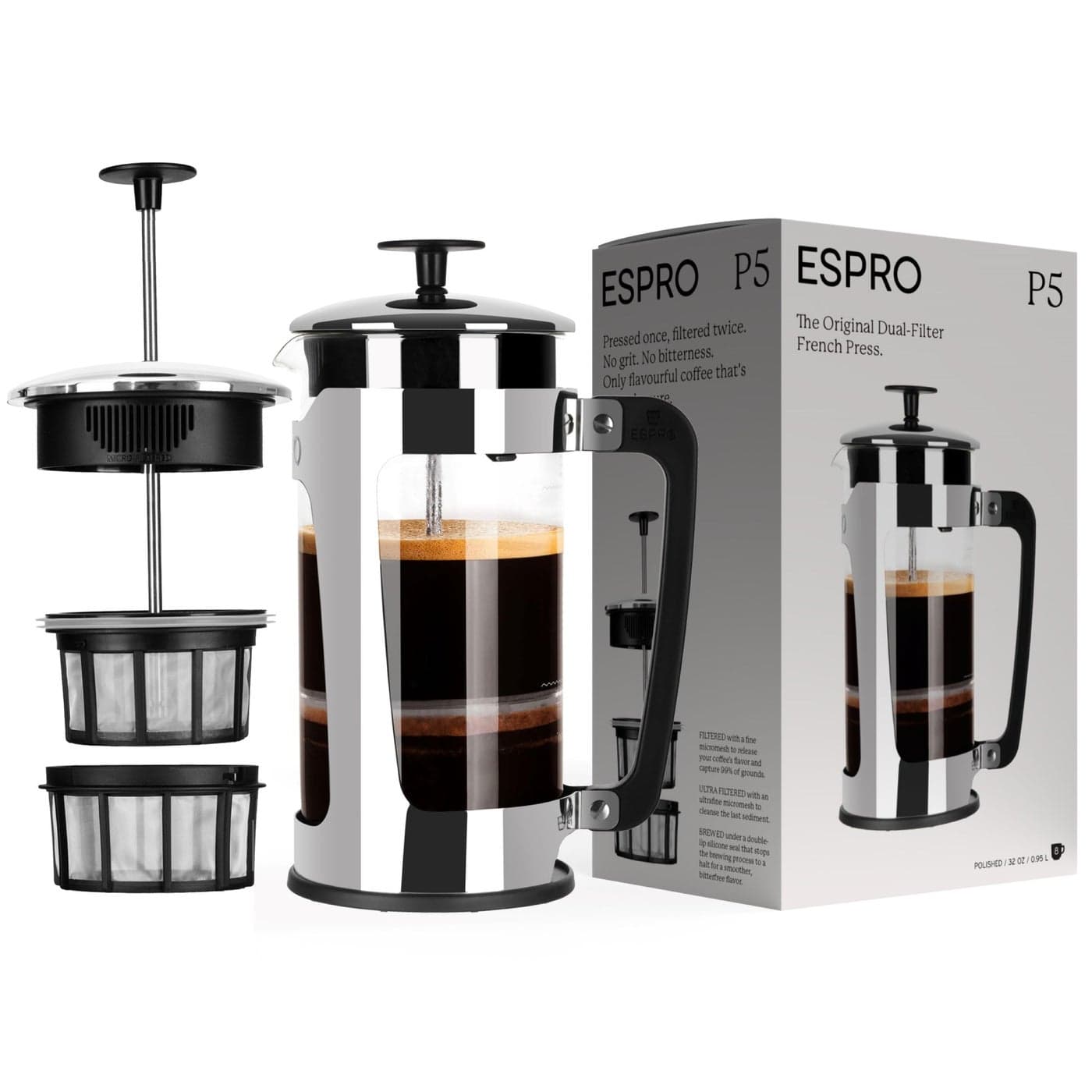 ESPRO P5 French Press Coffee Maker Patented Double Microfilter for Sludge and Grit Free Coffee Black 32 oz