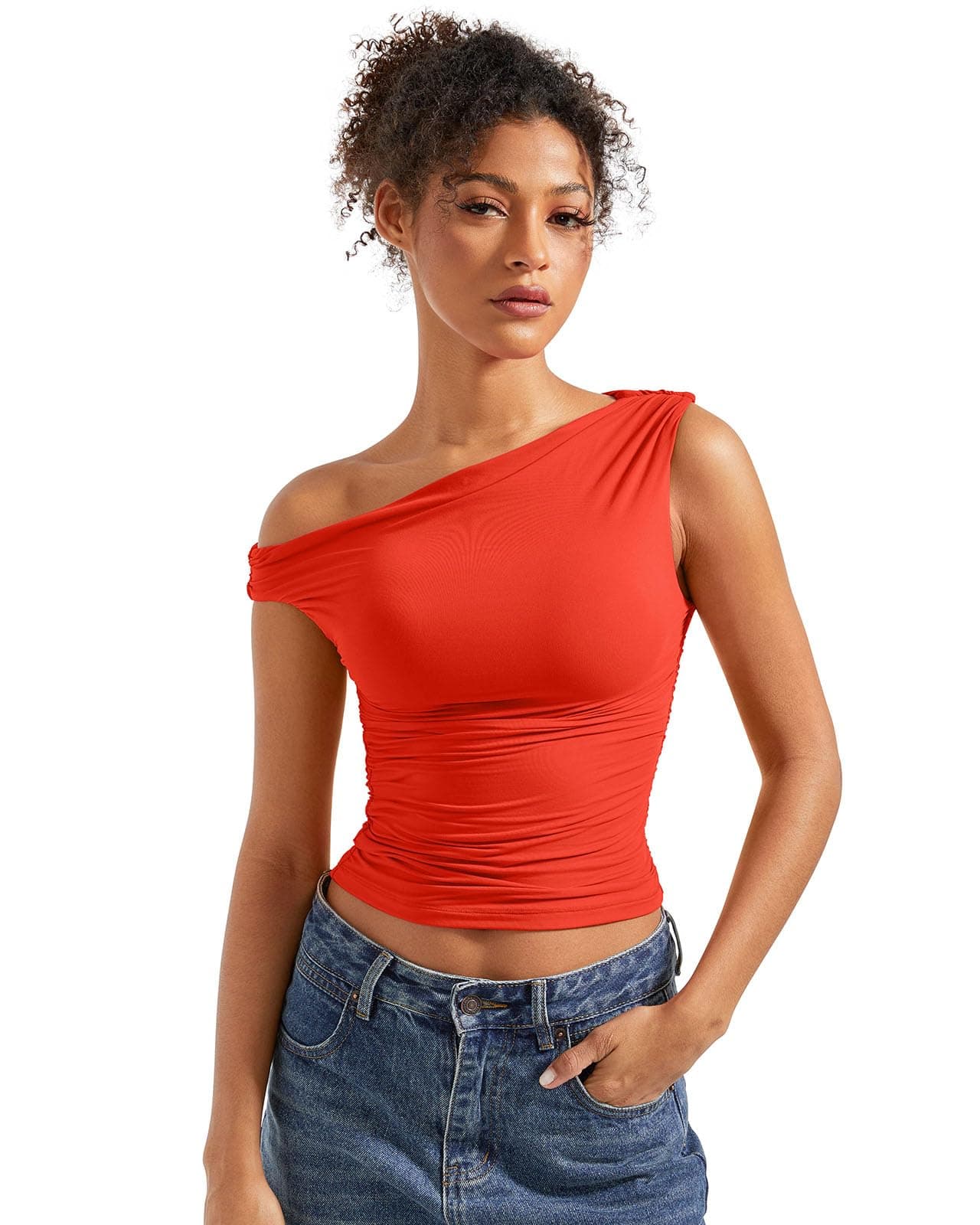 SUUKSESS Women Off Shoulder Tops Sleeveless Shirts Y2K Trendy Going Out Crop Tank Top (Red,S)