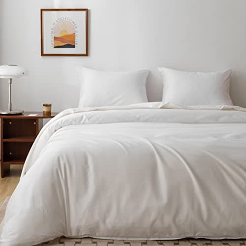 HeimenAogo Egyptian Cotton Duvet Cover Queen Size Sateen Weave Silky Soft and Breathable Bedding Set with Zipper Closure Long Staple Cotton Bed Linen Pure White 3Pcs 9090