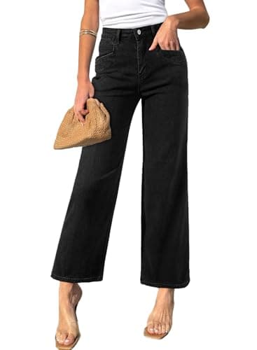 Sidefeel Jeans for Women Wide Leg High Waisted Stretchy Jeans Straight Leg Zimbaplatinum Ankle Denim Pants with Slant Pockets Black Size 12