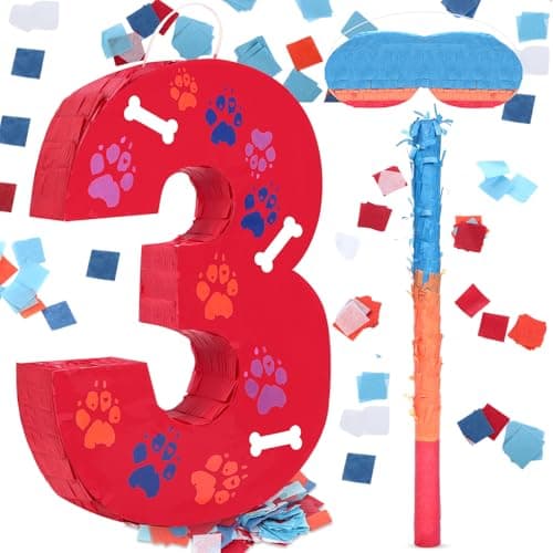 Hiboom 137 Inch Dog Paw Red Piata 3rd Birthday Party Decoration Piata with 98 Inch Stick Blindfold Confetti Number 3 4 5 Birthday Themed Gifts for Kid Boy Girl Fun Dog Footprints Bone Photo Prop
