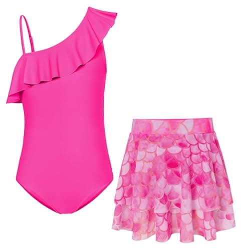 GRACE KARIN Girls Swimsuits Size 10-12 One Piece Bathing Suits with Skirt Swimming Wear Pink