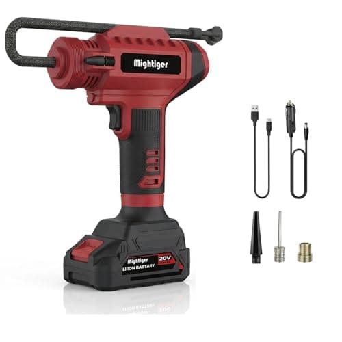 MIGHTIGER Power Cordless Tire Inflator 20V Mini Air Compressor DC 12V Portable Handheld Car Drill Air Pump 150PSI with Rechargeable Battery, Auto Shut Off, LED, Digital Pressure Gauge
