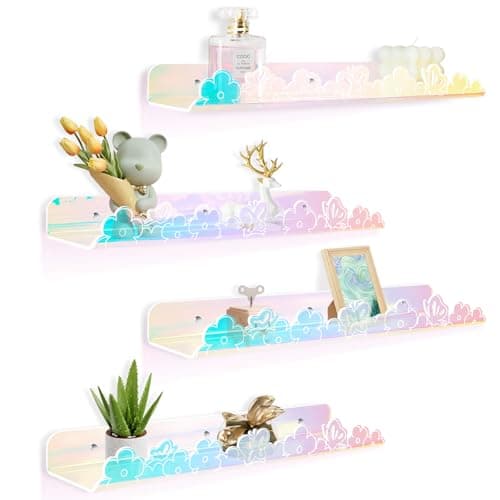 alldomess Floating Shelves for Wall4 Pack 157x 35Adhesive Acrylic Shelves Organizer for Book Toy Photo MakeupWallMounted Kids Storage for BathroomBedroomNurseryIridescent Butterfly