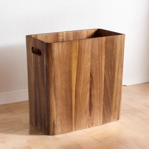 LiTY 3 Gallons Wooden Wastebaskets Solid Acacia Wood Waste Basket with Handles Rectangular Trash Can Garbage Bin for Bedroom Bathroom Kitchen Living Room Office Decorative