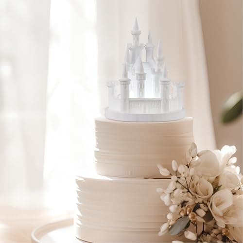 Baquler Castle Cake Topper Figurine Wedding Cake Topper Birthday Castle Night Light USB Rechargeable Princess Night Light for Wedding Birthday Party Decor (White)