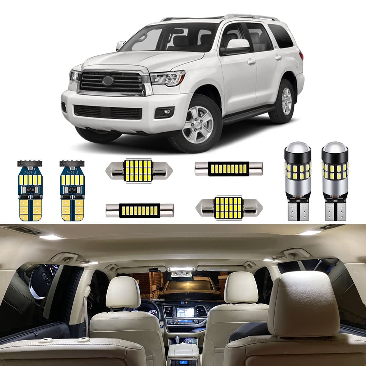 AUTOGINE 20 Piece White LED Interior Lights Kit for Toyota Sequoia 2008 2009 2010 2011 2012 2013 2014 2015 2016 2017 2018 2019 2020 2021 Super Bright 6000K LED Light Bulbs Package Install Tool