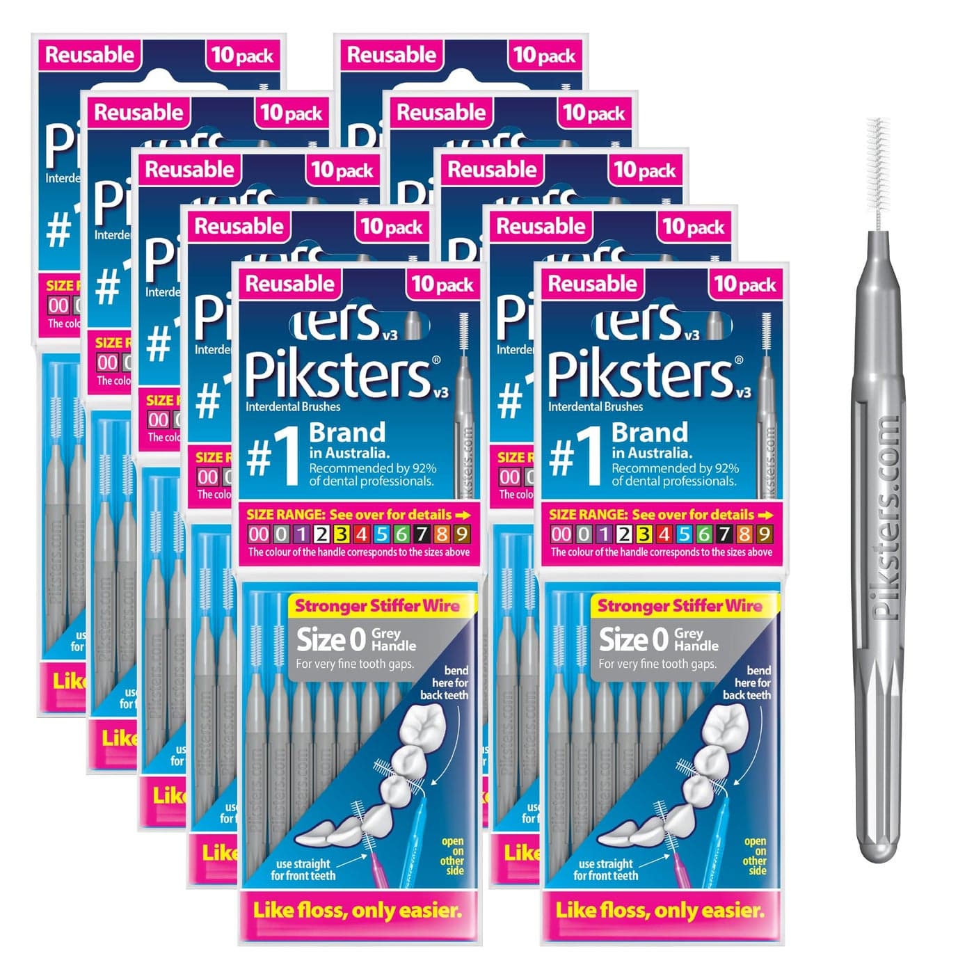 Piksters Interdental Brushes Size 0 100 Count 10 x 10 Packs Interdental Tooth Brush for VeryTight Gaps Gum Soft Bristles for Plaque Removal Safe for Braces 100 pk