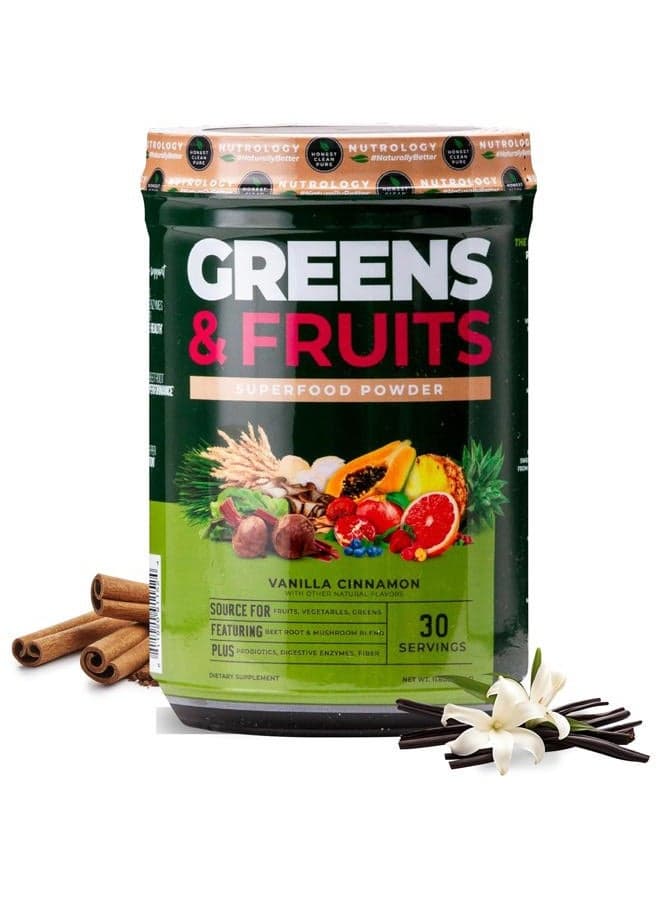 Greens & Fruits-Naturally Sourced Fruits, Vegetables, Greens, Beet Powder & Mushroom Blend - Probiotics, Digestive Enzymes, Fiber, Antioxidants, Immune Support - Vanilla Cinnamon-30 Servings