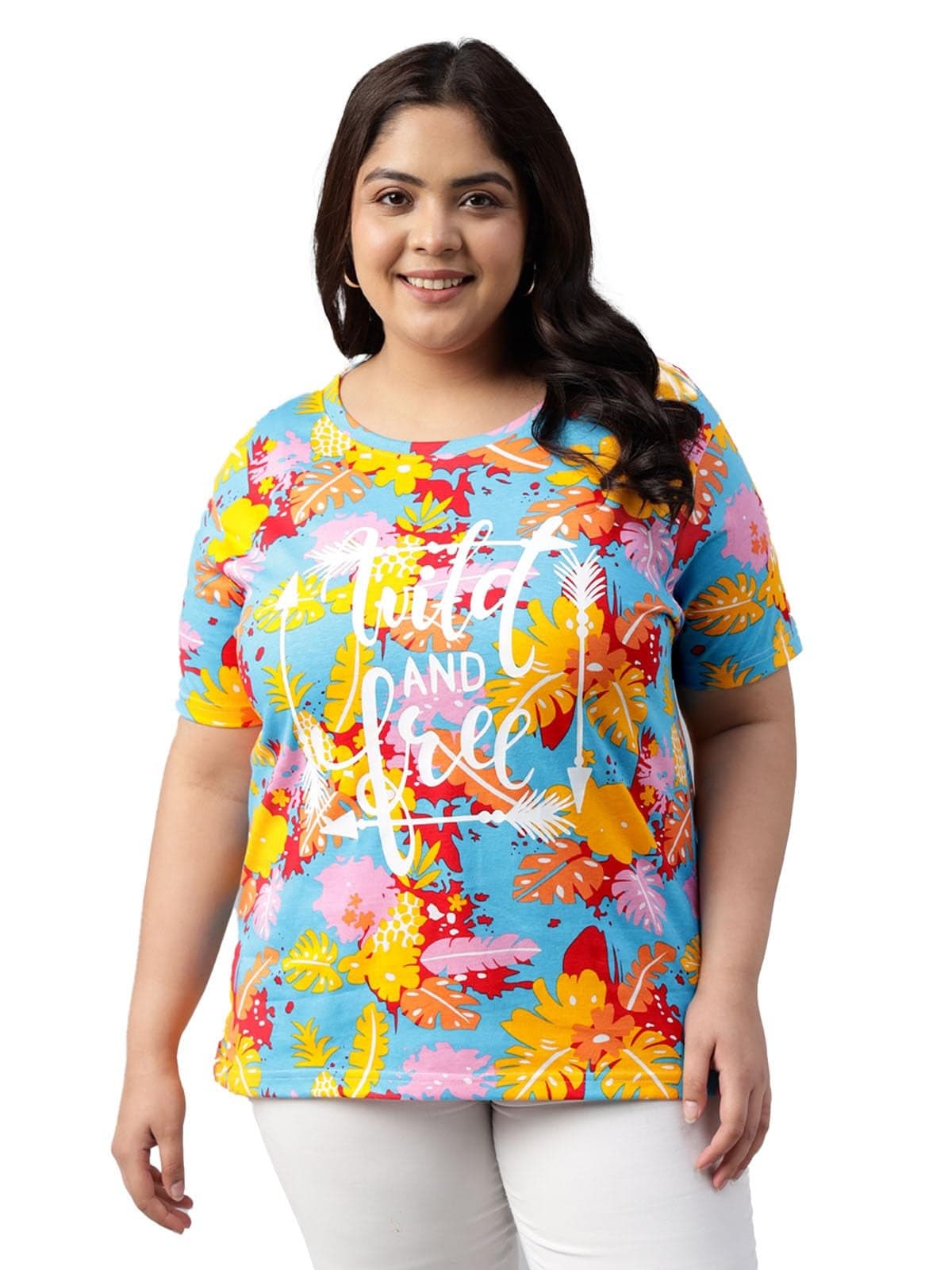 JUNEBERRY® 100% Pure Cotton Regular Fit Latest & Trendy All Over Prints Half Sleeve Plus Size T-Shirt for Women & Girls (JB_PS_54_502_Wild_4XL) Multicolour