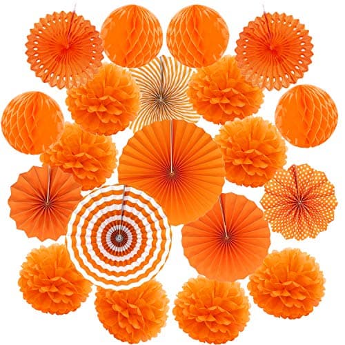 Recosis Hanging Paper Fan Set, Tissue Paper Pom Poms Flower Fan and Honeycomb Balls for Birthday Baby Shower Wedding Festival Decorations - Orange