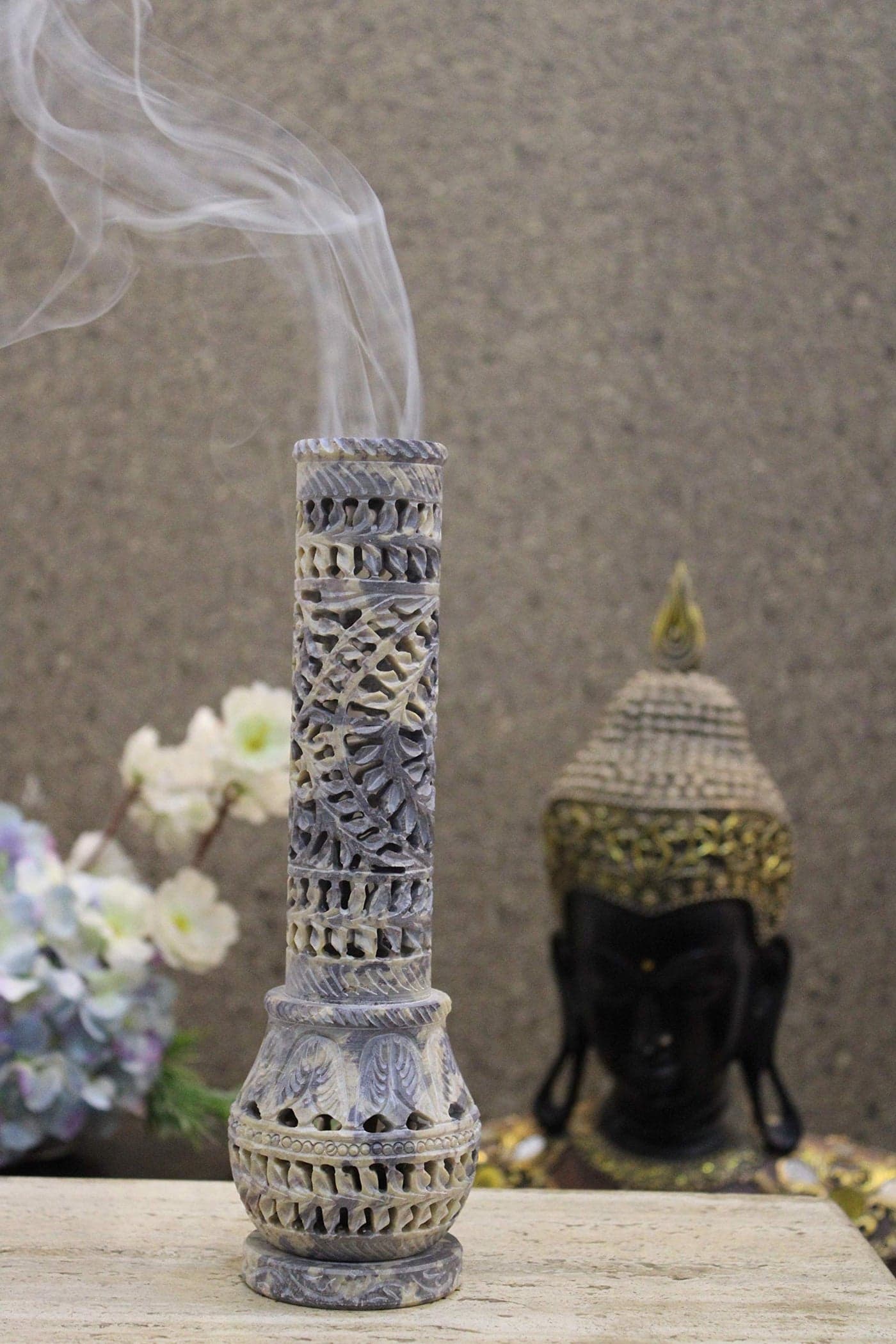 Carry Me Marble Soapstone Incense Stick Holder Candle Burner Tea Light Stand Perfect Handmade Bottle Tower Decorative Floral Carving for Gifting Home and Office Decor 25x25x10 Inches