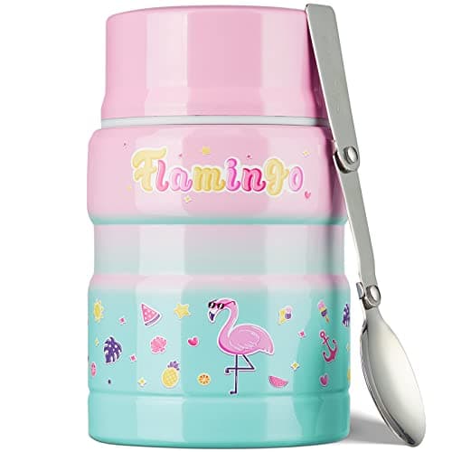 Charcy 17oz Thermo for Hot Food, Insulated Lunch Food Container with Folding Spoon QB - Gradient Pink Cyan Flamingo