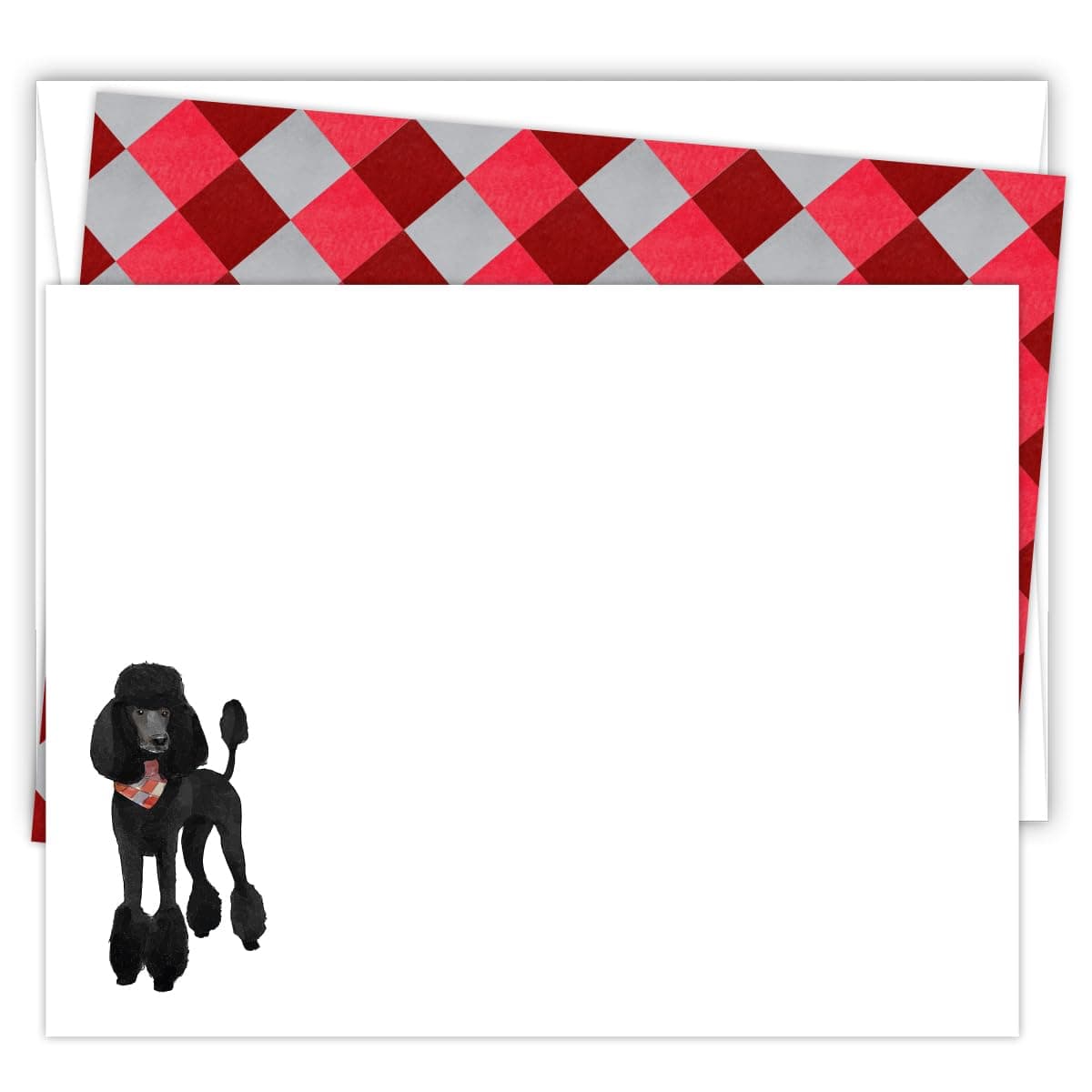 Koko Paper Co Poodle Blank Notecards 25 Flat Cards 25 White Envelopes 50 Count Made in the USA A2 Size Heavy Card Stock Black Poodle Front Red Grey Argyle Back