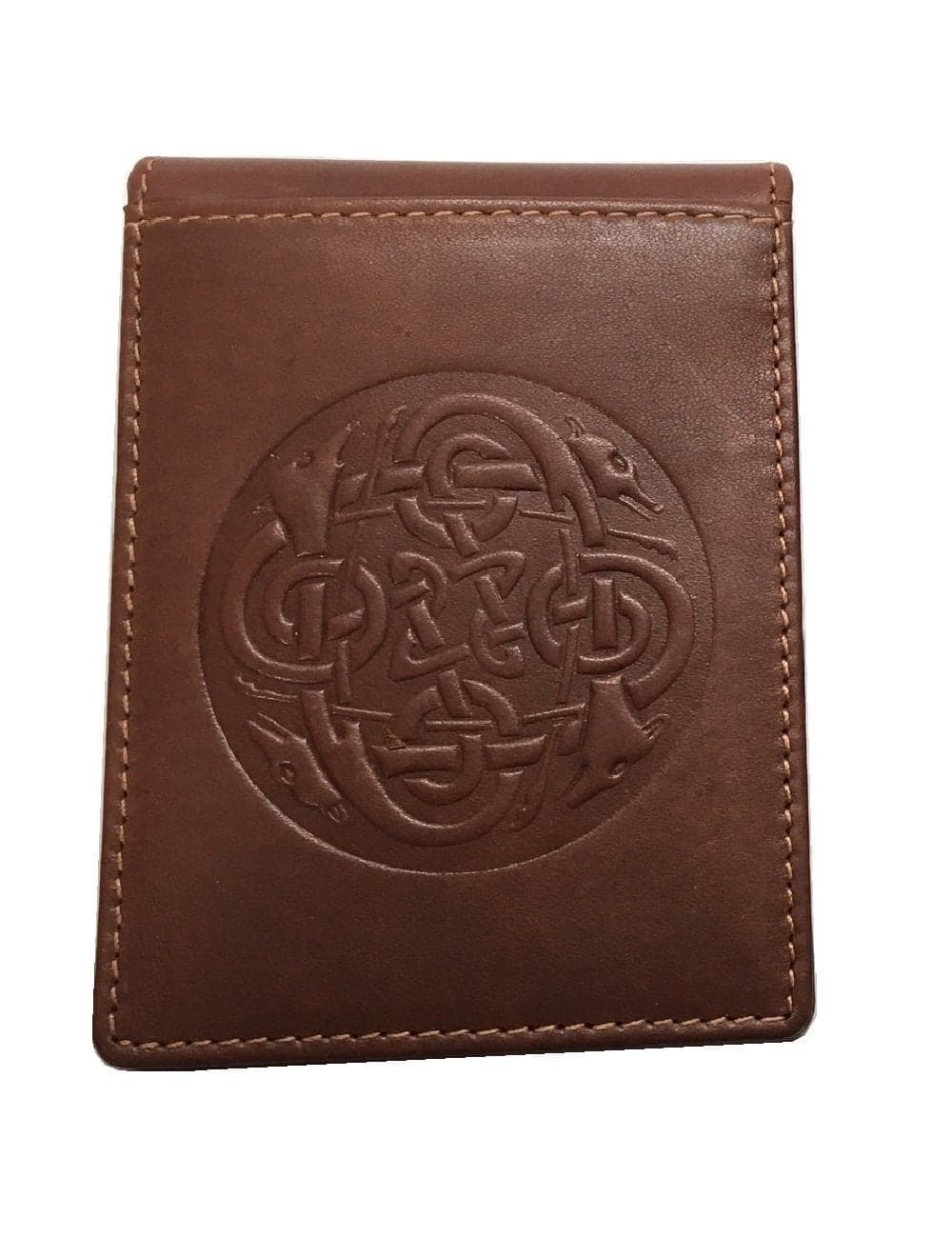 Biddy Murphy Celtic Money Clip & Bifold Wallet, Embossed Eternity Knot Design Leather Brown Made in Ireland