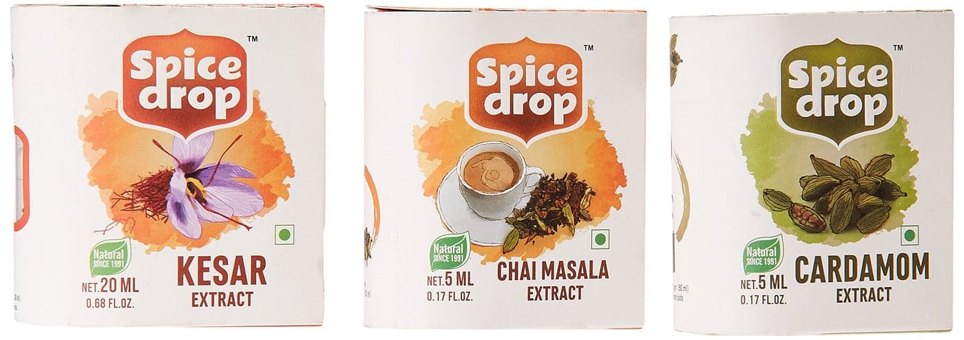 Spice Drop Royal Beverage Combo | Natural Extract of Kesar (Saffron) Masala, Cardamom (Elaichi) & Chai (Tea) Masala |Food, Beverages and Dessert | Free 1ML Spoon| 30ML (2x5ML and 1 x20 ML)