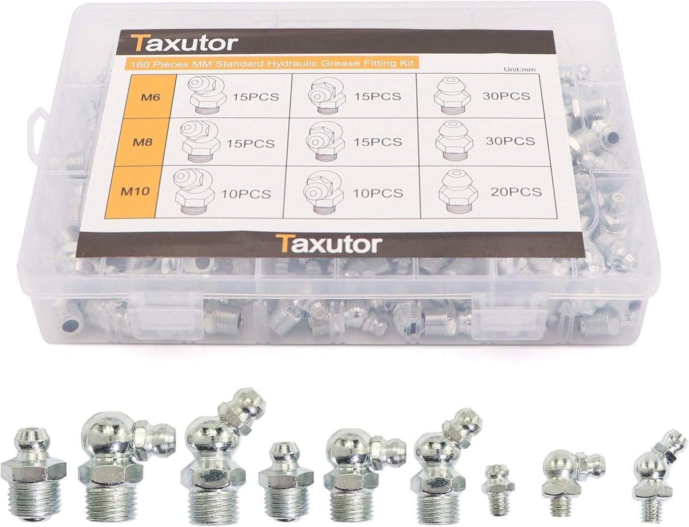 Taxutor 160-Pieces MM Metric Hydraulic Zerk Grease Fitting Assortment Set - M6 M8 M10